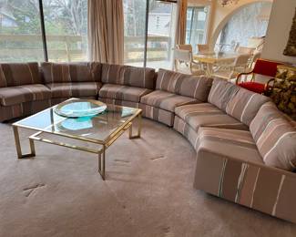 Custom designed vintage 3 piece semi-circle sectional sofa. 90 inch radius, 180 diameter, 24 tall, 28 deep.