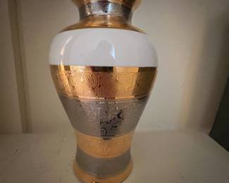 Pair of vintage Bohemia Sneroll Gold and Silver porcelain vases. 8.5 high