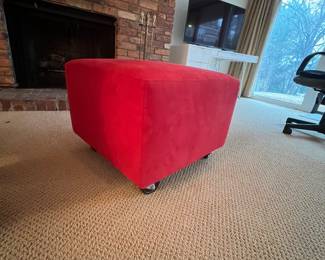 Square soft red ottoman on wheels 21 square, 16 tall