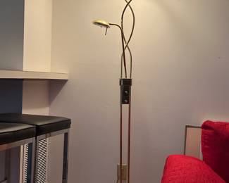 Tall gold floor lamp with two separate lamp options. 72 tall, 12 across base