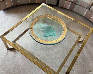 1990s statement gold and glass round platter with stand. Gorgeous Grecian key design. 22 around, 4 tall