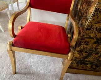 1980s vintage French style gold and red velvet settee chair. Measures 3 feet tall, 22 inches deep and seat height 19 inches.