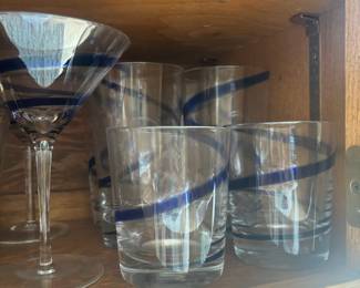 Clear/Cobalt Blue Swirl Martini Glasses, Lowball Glasses, Highball Glasses