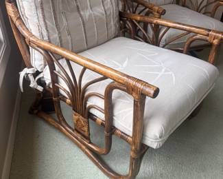 Pair of Bamboo Lounge Chairs with Bamboo Themed Cushions
