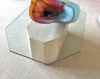 Free Form Art Glass Centerpiece Bowl, Travertine Stone Octagonal Coffee Table with Glass Top
