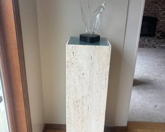Art Glass Tulip Sculpture, Square Travertine Stone Pedestal Stand with Glass Top