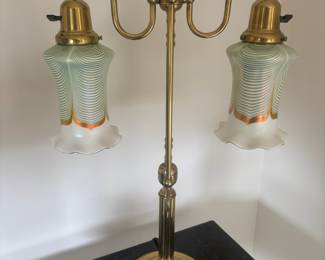 Brass Double Arm Table Lamp with Art Glass Shades