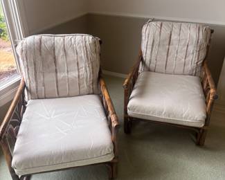 Pair of Bamboo Lounge Chairs with Bamboo Themed Cushions