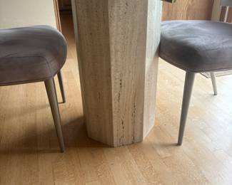 Hexagonal Travertine Stone & Brass Dining Table with Round Glass Top