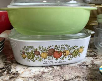 1950s PYREX Lime Green Lidded Casserole Dish, Corning Ware Spice Of Life La Marjolaine Lidded Casserole Dish 
