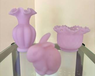 Fenton Lilac Satin Glass Vases, Fenton Lilac Satin Glass Bunny Figurine