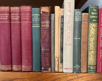 1900 The Poetical Works of Alfred Lord Tennyson, 1897 The Poetical Works Of Matthew Arnold, 1890s The Poetical Works of Percy Bysshe Shelley, New Arabian Nights by Robert Louis Stevenson, The Sketch Book by Washington Irving, 1949 Stop Forgetting by Bruno Furst, 1903 Mrs. Wiggs of the Cabbage Patch by Alice Caldwell Hegan, The Rough Riders by Theodore Roosevelt, Tom Brown's School-Days Thomas Hughes