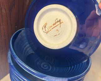 Set of 5 Blue Glazed Pottery Bowls - Signed by Artist