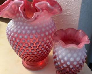 2 Cranberry Opalescent Hobnail Vases