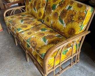 Mid Century Bamboo Love Seat with Sunflower Cushions