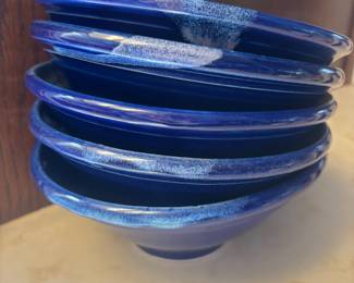 Set of 5 Blue Glazed Pottery Bowls - Signed by Artist