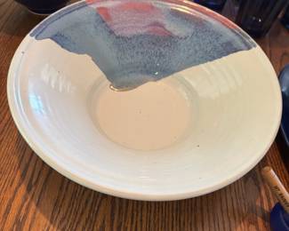 Bruning Pottery White, Pink & Blue Salad Bowl