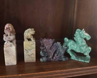 Carved Soapstone Foo Dog Stamps, Carved Fluorite Dragon Figurine, Carved Horse Figurine – Possibly Jade or Jadeite