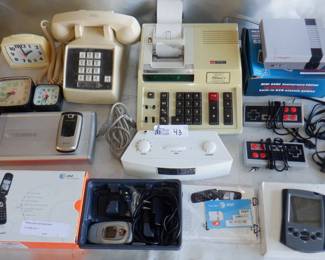 BOX ELECTRONICS INCLUDING VINTAGE TELEPHONE, CALCULATOR, GAMING SYSTEM AND MORE