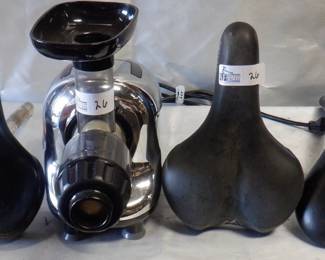 MISC LOT INCLUDING BICYCLE SEATS, OMEGA JUICE EXTACTOR
