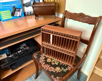A beautiful mahogany chair, computer desk, printer and wooden sewing basket! The real star of this photo os the Vintage KALMAR Teak Cassette Tape Push Button Storage Rack.