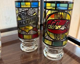 Here are two outstanding mid-century modern 1970s stained glass design glasses! These vintage beer glasses originally included most major brands. But here we have Falstaff and Schaffer’s beer. Can you guessed it? They are excellent condition with no paint loss no chips or cracks.!
