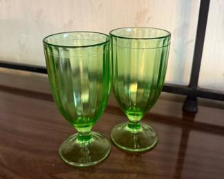 A pair of beautiful fine ribbed footed tumblers! STUNNING URANIUM GLASS! Brilliant when lit! 