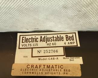 And there is the tag on the bottom the Craftmatic adjustable bed! Even though we disassembled the bed for spatial reasons, we do have a video of working. See either Ric or Karen at the Sale.