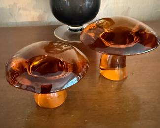 Here’s a couple of terrific mid-century, modern Amber glass mushrooms