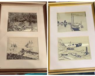 Pair of gold foil etchings signed by Lionel Barrymore (famous actor from the acting Barrymore family  and great uncle  of Drew Barrymore)