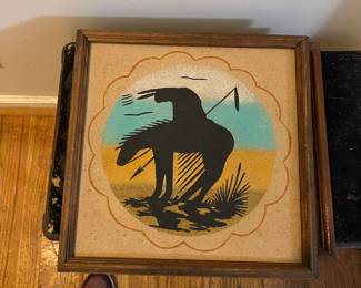 Framed Native American Sand Art - Features the iconic "End of the Trail" silhouette in vivid desert colors. A striking piece of Western or Southwestern decor.