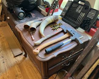 Vintage and Hand Tool Lot - Rustic Decor + Workshop Finds, (Farm Sickle/Scythe), Framing Hammer and Claw Hammer, Antique Wood Planer, Horns - great for rustic or Western decor.