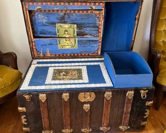 Antique Steamer Trunk - Ornate Brass Hardware & Victorian Lined Interior.