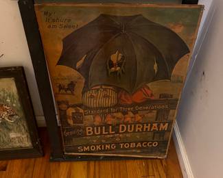 Vintage Bull Durham Metal Advertising Sign - Large Format Tobacco Collectible. Classic slogan "My! It shure am Sweet." A fantastic piece for collectors of tobacciana, Americana, or vintage metal signage. Heavy and substantial - ideal for display in man caves, barns, or rustic interiors