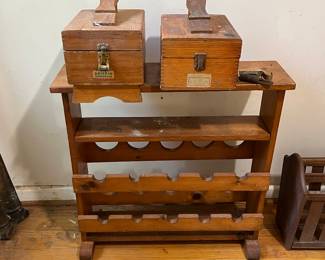 Vintage Wooden Wine Rack and Griffon Shoeshine Boxes