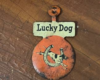 Vintage "Lucky Dog" Metal Advertising Tag - Retro Dog Graphic