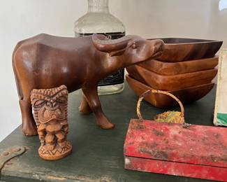 Hand-Carved Wood Decor Group - Water Buffalo, Tiki, Bowls and More. Stacked Mid-Century Wooden Bowls