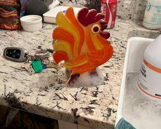 Vibrant retro-style glass rooster figurine. Colorful Mid-Century Art Glass Rooster