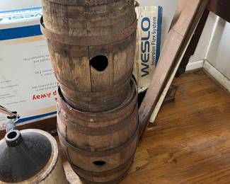 Vintage Rustic Decor - Wooden Barrels and Stoneware Jug