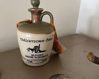 Vintage Tullamore Dew Irish Whiskey Ceramic Decanter - Classic stoneware whiskey jug great for barware collectors or Irish themed decor.