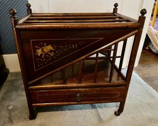Antique magazine holder with drawer; printed design