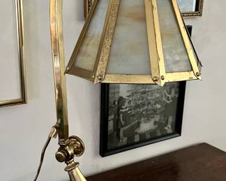 Heavy weighted brass lamp with slag glass shade. Marked Salo