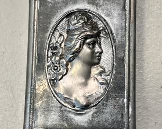 Antique advertising art nouveau match safe with cutter on bottom