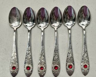 Robbe & Berking German 800 silver dessert spoon set with red glass stone