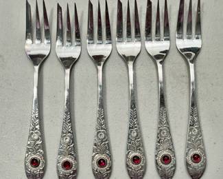 Robbe & Berking (Germany) 800 silver fish fork set, with red glass stone