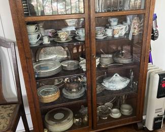 Antique oak glass front cabinet - use for display or as bookcase