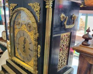 A large 33" Bell Bracket Clock. Triple Fusee, English Chiming.  Nested Bell and Coiled Gongs. Westminster Chime.  Serviced.   
