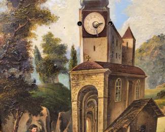Painting Picture Clock. Music box needs to be restored. The Painting has been cleaned.  Time only Fusee Movement in working order. 