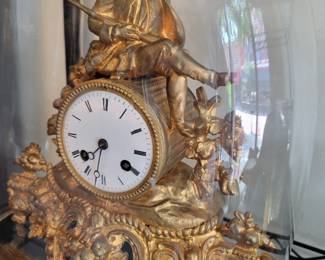 French Figural Clock under Glass Dome and Rope Base.  Running.