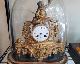 French Figural Clock under Glass Dome and Rope Base.  Running.